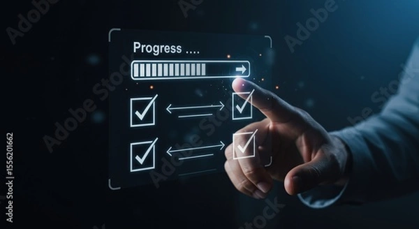 Obraz Hand interacting with a futuristic progress bar and checklist on a digital interface