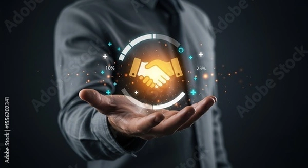 Obraz Business partnership success visualized with glowing handshake and progress indicators