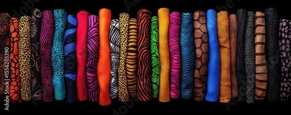 Fototapeta Colorful African Wax Print Fabrics Displayed in Rows Showcasing Diverse Patterns and Textures for Fashion and Craft Projects