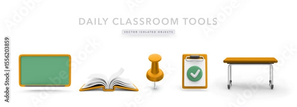 Fototapeta School Equipment Icons Including Chalkboard, Book, Thumbtack, Clipboard, and Desk in a Clean 3D Style on White Background. Useful for Educational Projects. Vector Illustration.