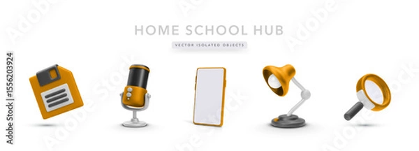 Fototapeta Home School Essentials With Microphone, Smartphone, Desk Lamp, Magnifier, And Floppy Disk Icon. Ideal For E-Learning, Remote Study, Or Podcasting Projects. Editable Vector Illustration Format.