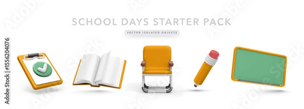 Fototapeta 3D School Supplies Collection With Clipboard, Open Book, Classroom Chair, Pencil, And Chalkboard. Ideal For Education, Back To School, And Learning Concepts. Colorful Vector Illustration.