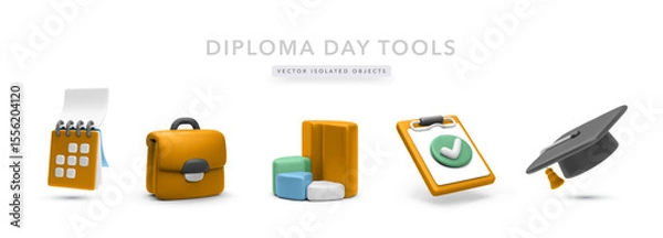 Fototapeta Graduation Day Set With Calendar, Briefcase, Chart, Checklist, And Cap. Perfect For Academic Milestones, Career Planning, And Success Themes. Colorful Vector Illustration.
