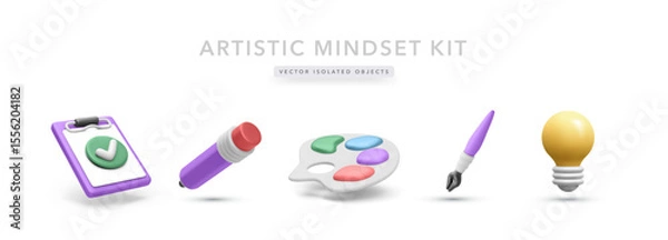 Fototapeta Creative 3D Icons Featuring Checklist, Eraser, Color Palette, Brush, And Lightbulb. Ideal For Art Education, Design Thinking, Or Creative Projects. Vector Illustration.