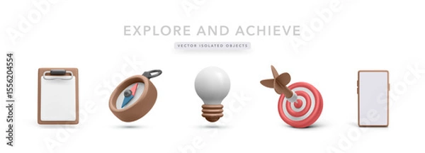 Fototapeta Achievement and Exploration Icons Featuring Compass, Light Bulb, Target, Smartphone, and Clipboard in Modern 3D Look. Ideal for Planning, Navigation, Goals. Vector Illustration.