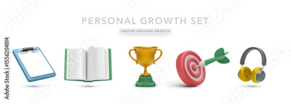 Fototapeta Personal Development Icons Including Clipboard, Book, Trophy, Target, and Headphones in Bright 3D Style. Perfect for Coaching, Education, and Goal Setting Projects. Vector Illustration.