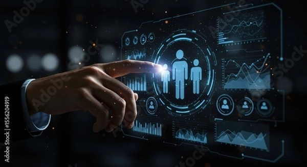 Obraz Hand interacting with futuristic digital interface displaying people icons and data analytics