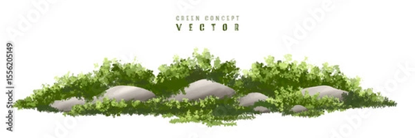 Fototapeta  Vector watercolor green  tree or forest side view isolated on white background for landscape and architecture drawing,elements for environment or and garden,Shrub with rock for section,stone,garden