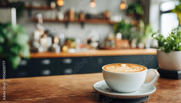 Fototapeta Latte art on a wooden table in a cafe