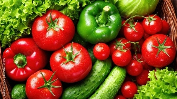 Obraz Fresh vegetables in a woven basket, a vibrant display of natural abundance and healthy living