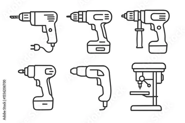 Obraz Electric cordless drills and drill press icons line art collection