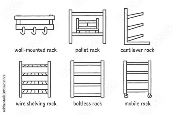 Obraz Illustrated types of storage racks: wall-mounted, pallet, cantilever, wire shelving, boltless, mobile