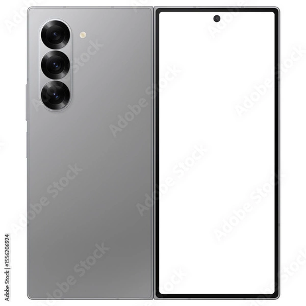 Fototapeta Photo of foldable smartphone similar to android device without background. Silver shadow color. Template for mockup. Only frame, without screen	