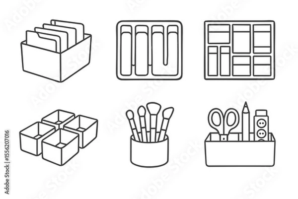 Obraz Black and white icon set of desk organizers and stationery tools