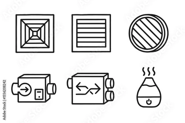 Obraz Six black and white hvac symbols including diffusers, vents, and humidifier