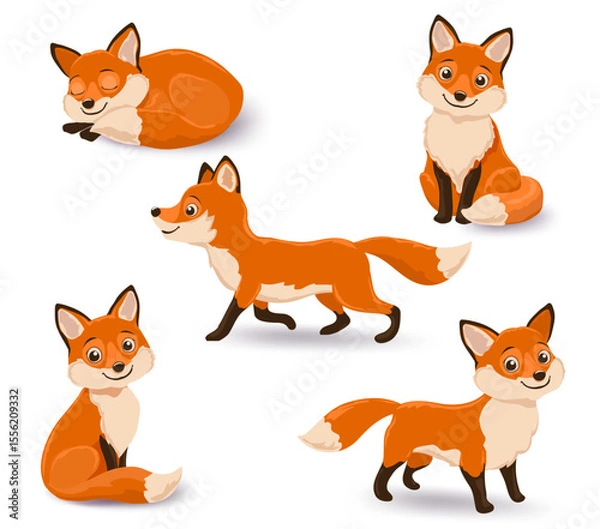 Obraz  of cartoon foxes in diverse poses, sleeping and curled up, standing, walking, two seated foxes with playful looks.