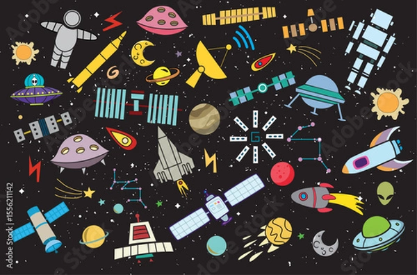 Obraz abstract illustration space solar system moon astronaut planet rocket earth cosmonaut comet universe orbit technology hand drawn comic