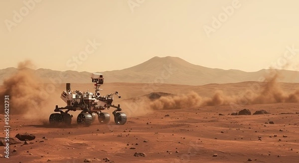 Fototapeta Wide View Mars Rover Exploring Red Planet Surface