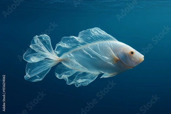 Fototapeta Plastic bag shaped like a fish floating in the ocean, symbolizing pollution and environmental impact, with underwater lighting highlighting the surreal and haunting marine scene