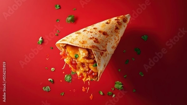 Fototapeta chicken quesadilla appears suspended in time against a solid salsa red background. The melted cheese, grilled chicken, and crispy tortilla are highlighted, with a side of salsa and sour cream