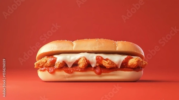 Fototapeta A stylized chicken parm sandwich appears suspended in time against a solid marinara red background. The crispy chicken, melted cheese, and tangy marinara are highlighted, with a soft bun