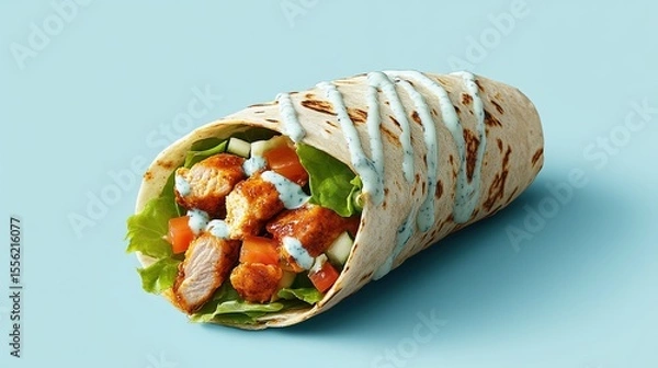 Fototapeta buffalo chicken wrap appears suspended in time against a solid blue cheese white background. The spicy chicken, fresh veggies, and creamy sauce are highlighted, with a drizzle of blue cheese dressing