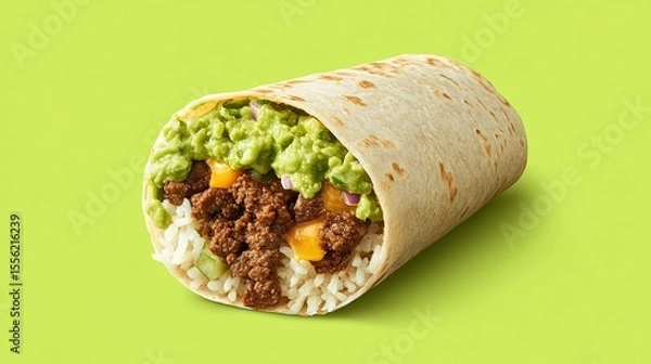 Fototapeta A stylized beef burrito appears suspended in time against a solid guacamole green background. The seasoned beef, fluffy rice, and melted cheese are highlighted, with a drizzle of guacamole