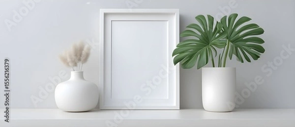Obraz Minimalist decor with plants and empty frame on shelf