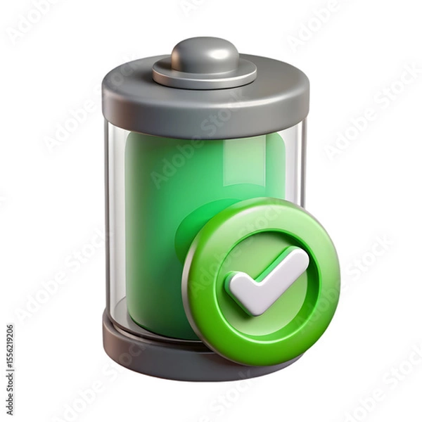 Fototapeta 3d battery icon with green check mark indicating full charge or success isolated on transparent background