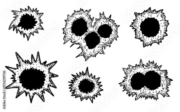 Obraz Realistic Bullet mark holes from a firearm in a metal plate set bundle doodle