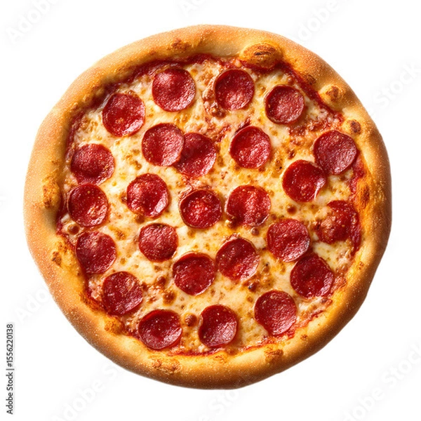 Obraz Overhead Shot Of A Fresh Round Pepperoni Pizza With Melted Cheese On A Clean White Background