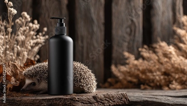 Fototapeta Black bottle, hedgehog, autumnal backdrop