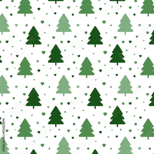 Fototapeta Christmas tree seamless pattern.Repeat pattern with green pine trees, hearts and snow isolated on white background.Vector graphic illustration wallpaper.