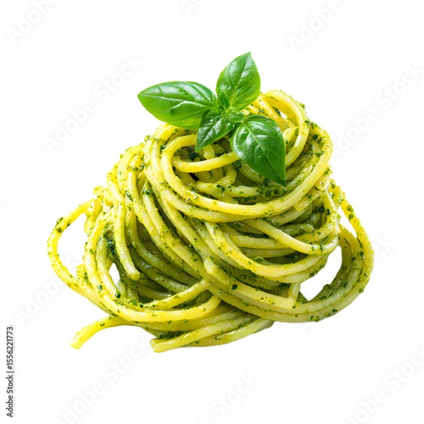 Obraz Delicious Pesto Spaghetti Elegantly Arranged With Fresh Basil Leaves On Bright White Background