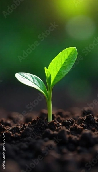 Obraz A single, vibrant green sprout pushing through rich soil, symbolizing the emergence of spiritual growth and the potential for inner blossoming , spiritual, serenity