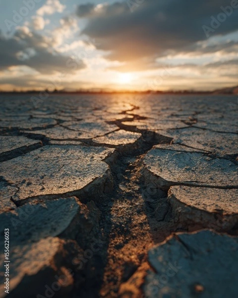 Fototapeta Wide shot of cracked earth in an empty field under a blazing sun during a drought, cinematic warm lighting, showing desolation, realistic textures and soil cracks.