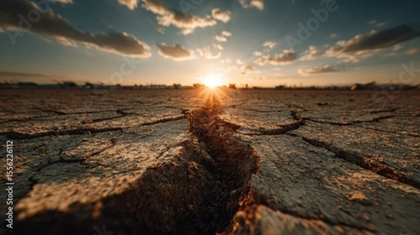 Fototapeta Wide shot of cracked earth in an empty field under a blazing sun during a drought, cinematic warm lighting, showing desolation, realistic textures and soil cracks.
