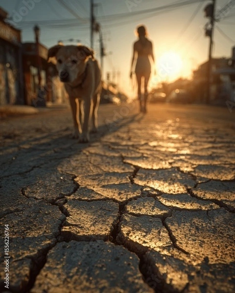 Fototapeta Woman walking a dog on a cracked sidewalk during a heatwave, cinematic warm lighting with summer glare,  storytelling moment showing determination, realistic textures and dust in air