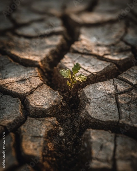 Fototapeta Close-up of dried, cracked soil texture with a single green sprout during a drought, cinematic warm lighting, dynamic composition, storytelling moment showing hope, realistic textures and soil detail