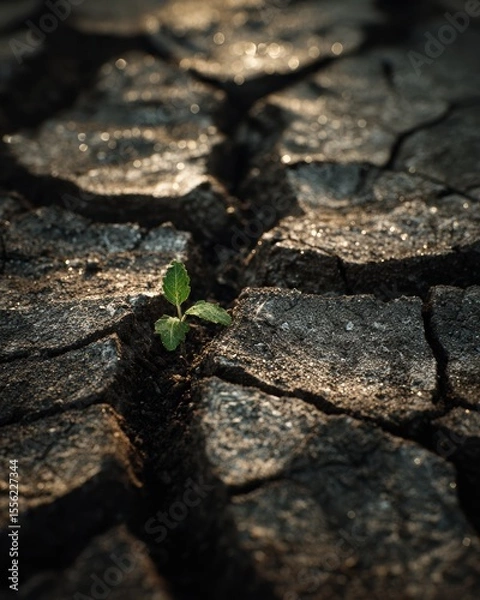 Fototapeta Close-up of dried, cracked soil texture with a single green sprout during a drought, cinematic warm lighting, dynamic composition, storytelling moment showing hope, realistic textures and soil detail