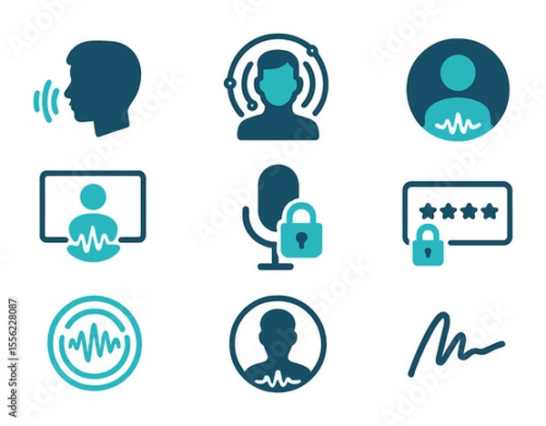 Fototapeta Voice Recognition Icons. Flat icon set of voice recognition tech: voice ID, biometric voice icon, user