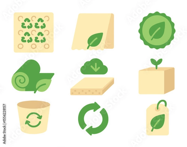 Fototapeta Eco Insulation Icons. Flat icon set of eco-friendly insulation: recycled wrap, sustainable foam, green label,