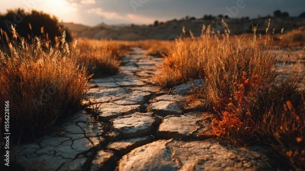 Fototapeta A cracked and dried-out path winds through the desert, bathed in the warm glow of the golden hour. Dry, golden grasses line both sides, creating a cinematic, photogenic scene.