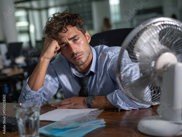 Fototapeta Office Heat: A stressed person in a light blue shirt with a tie, trying to endure the extreme heat in a modern office setting, highlighting the daily struggle against the heat