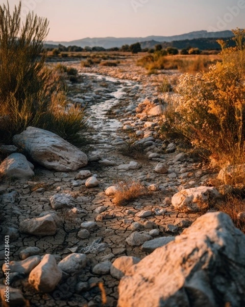 Fototapeta Dry riverbed with scattered rocks and sparse vegetation under warm light during a drought, storytelling moment showing dryness, realistic textures and soil cracks.