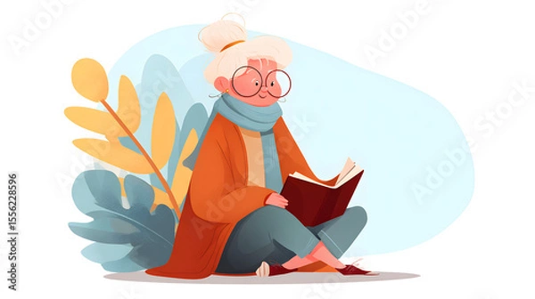 Obraz Old woman sitting cross-legged and reading book. Cute naive clip art with senior woman, who loving read. National Book Day. Cartoon female character for card, sticker, banner. Vector illustration.