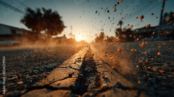Fototapeta Dust blowing over cracked pavement near a suburban street during a drought, cinematic warm lighting, storytelling moment showing harshness of environment, realistic textures and dust particles.
