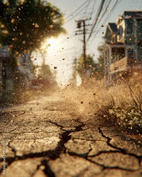 Fototapeta Close-up of a cracked dirt road with dust and debris flying in the air, on a sunny day. In the background, there are street lights and houses. 