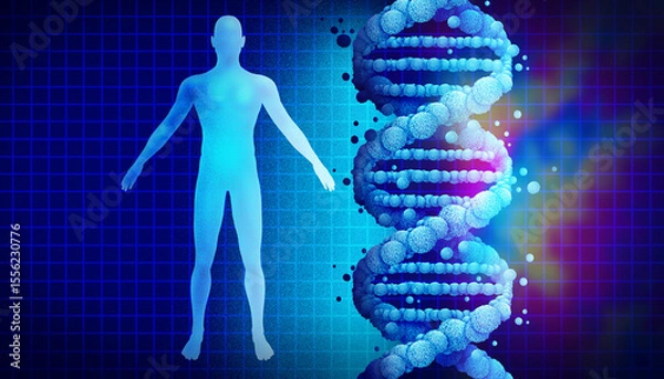 Fototapeta Artificial Human Genetics and synthetic genome futuristic concept of man made human DNA with edited chromosomes as a double helix biotechnology, and genetic code in abstract molecular structure.