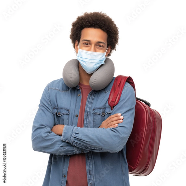 Obraz Young traveler with surgical mask neck pillow and travel bag smiling isolated on transparent background (5)